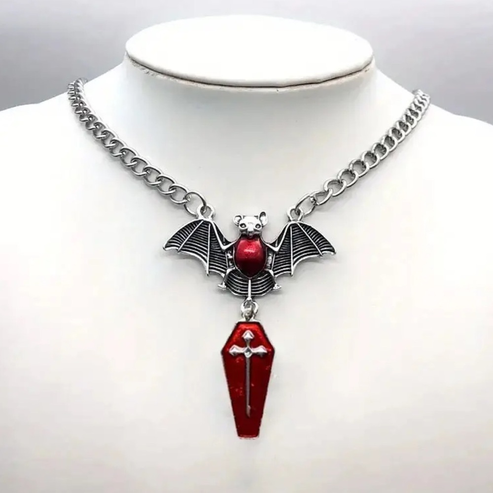 Womenโs Gothic Red Bat Cross Pendant Necklace with Red Coffin Centerpiece Gift